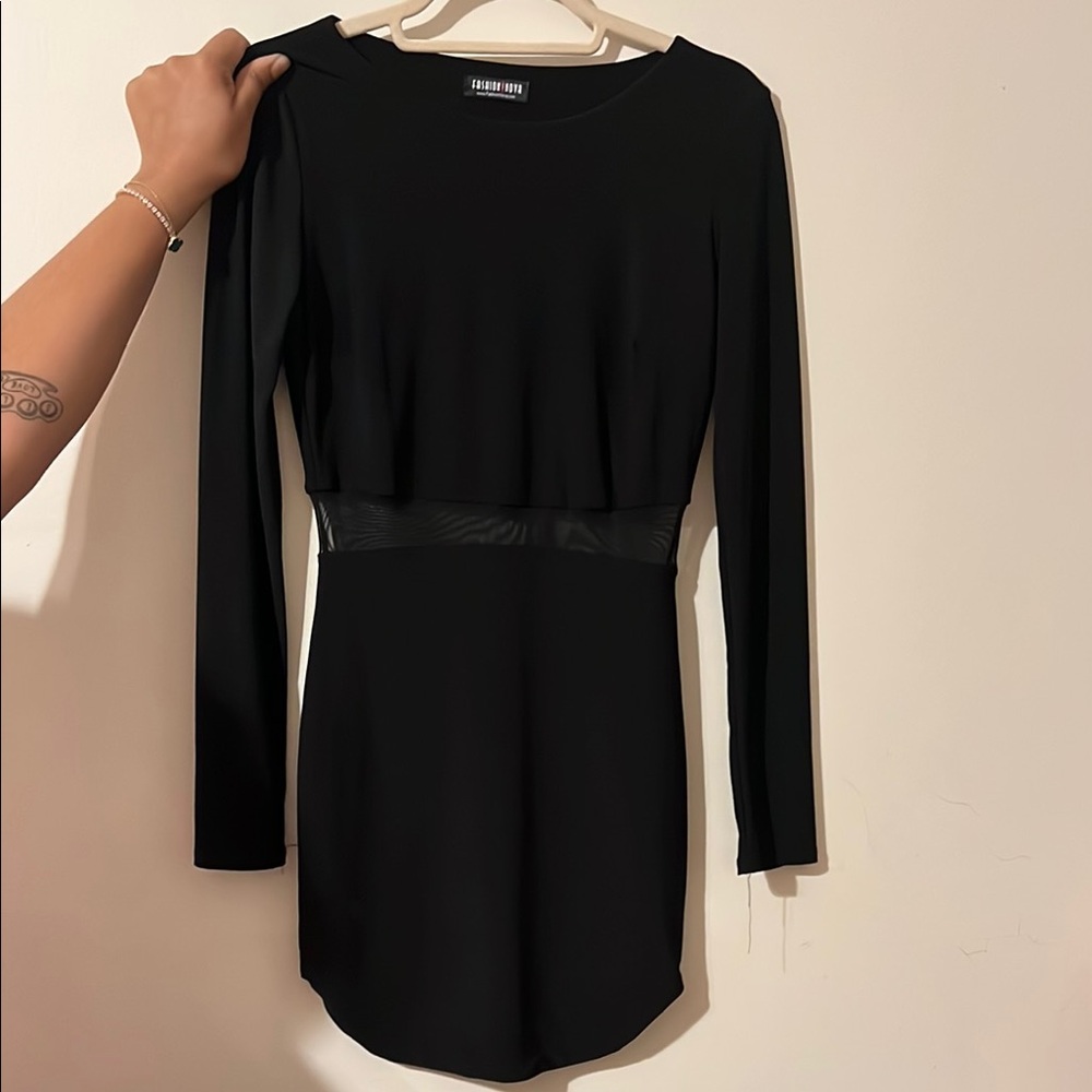 Elegant Black Long Sleeve Dress with mesh in the middle